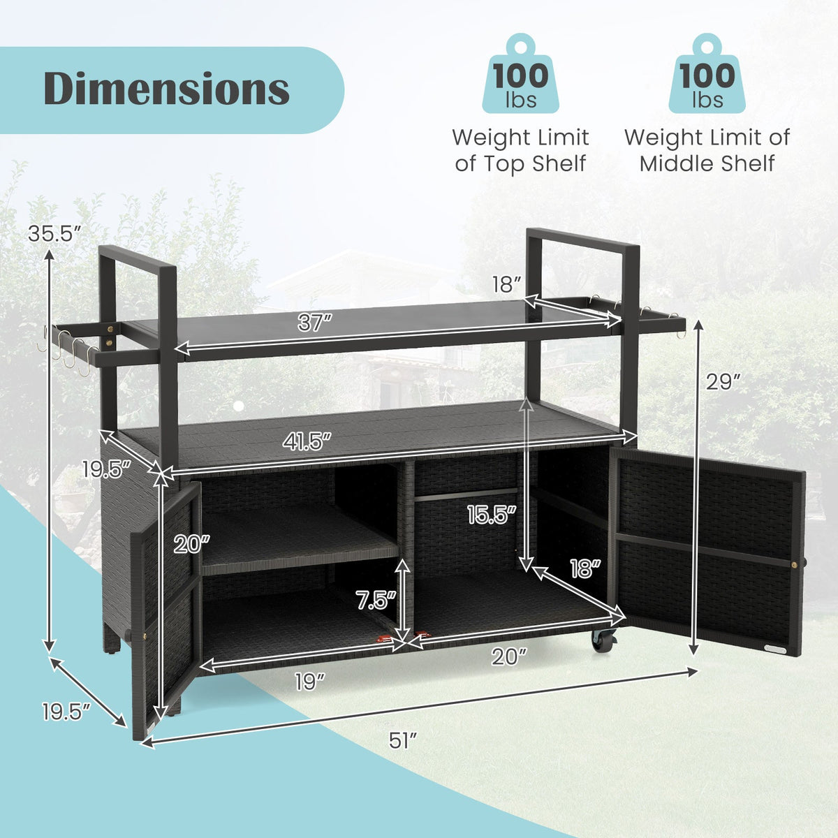 Outdoor PE Rattan Bar Cart – Tempered Glass Top, Storage Shelves, Hooks & Lockable Casters