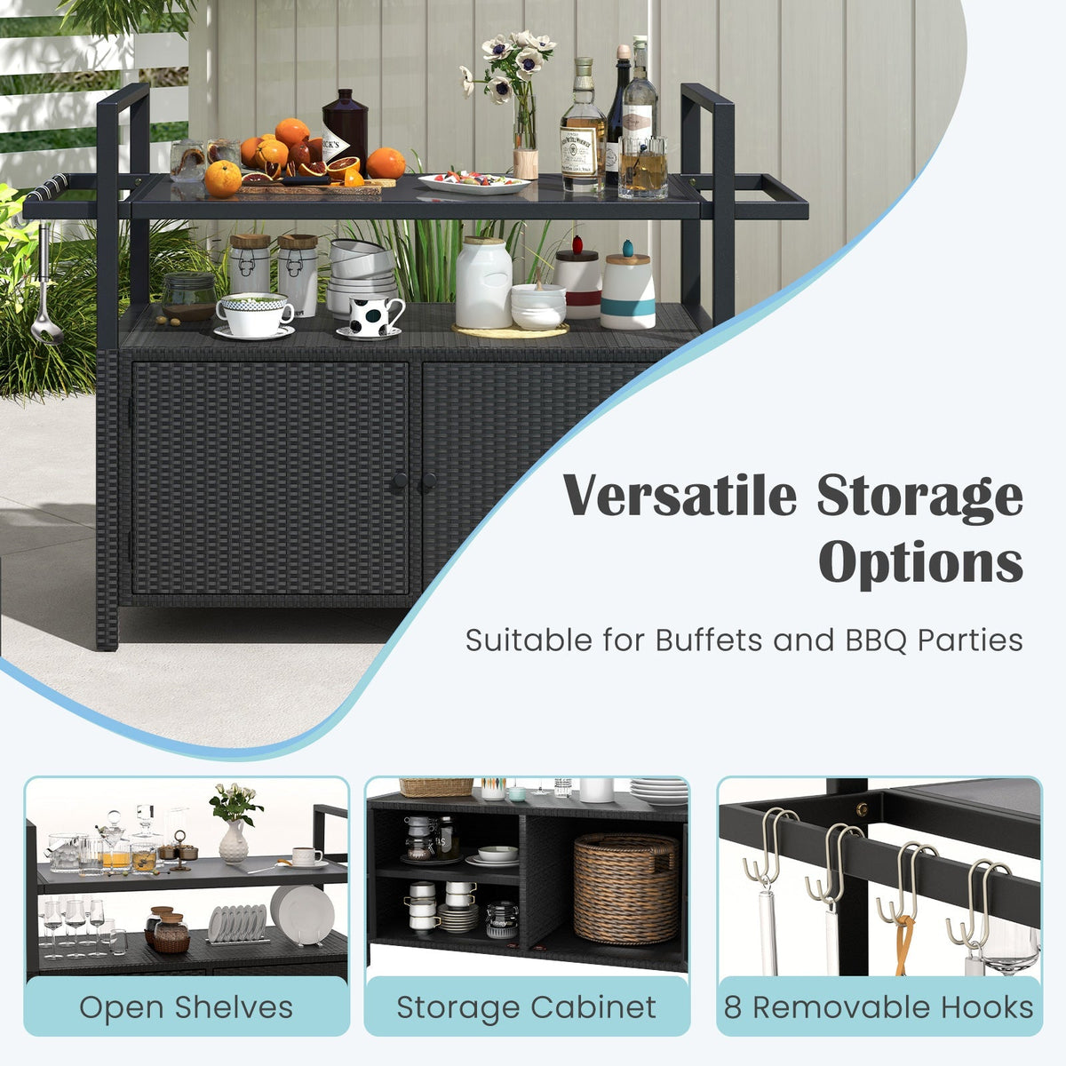 Outdoor PE Rattan Bar Cart – Tempered Glass Top, Storage Shelves, Hooks & Lockable Casters