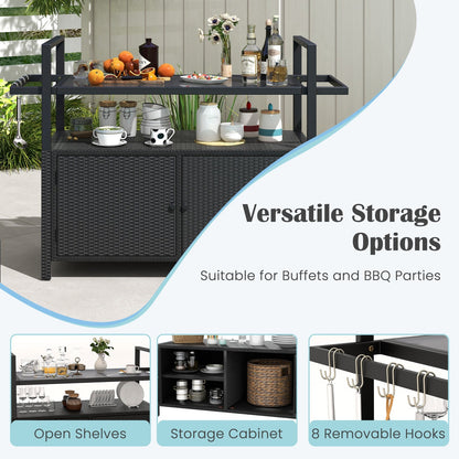 Outdoor PE Rattan Bar Cart – Tempered Glass Top, Storage Shelves, Hooks & Lockable Casters