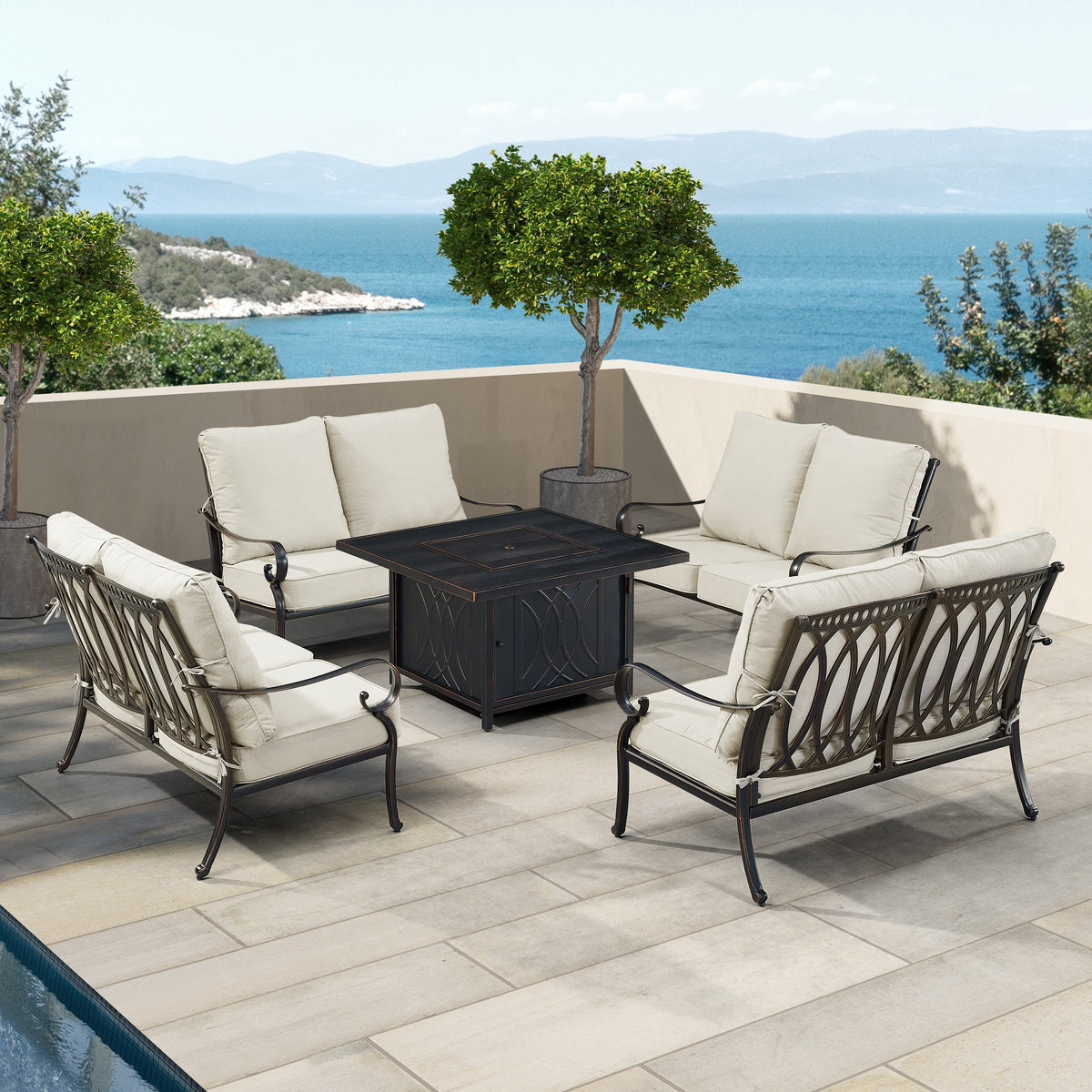 Black Aluminum Fire Table Set with Four Deep Seating Loveseats
