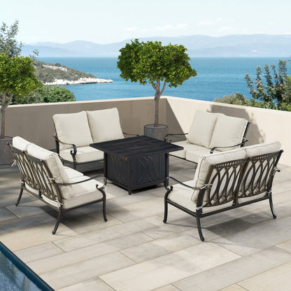 Black Aluminum Fire Table Set with Four Deep Seating Loveseats