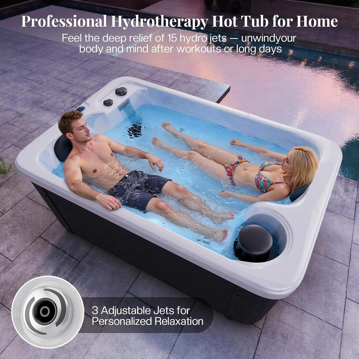 2‑Person Outdoor Plug & Play Hot Tub – 15 Jets, LED Lighting & Waterfall