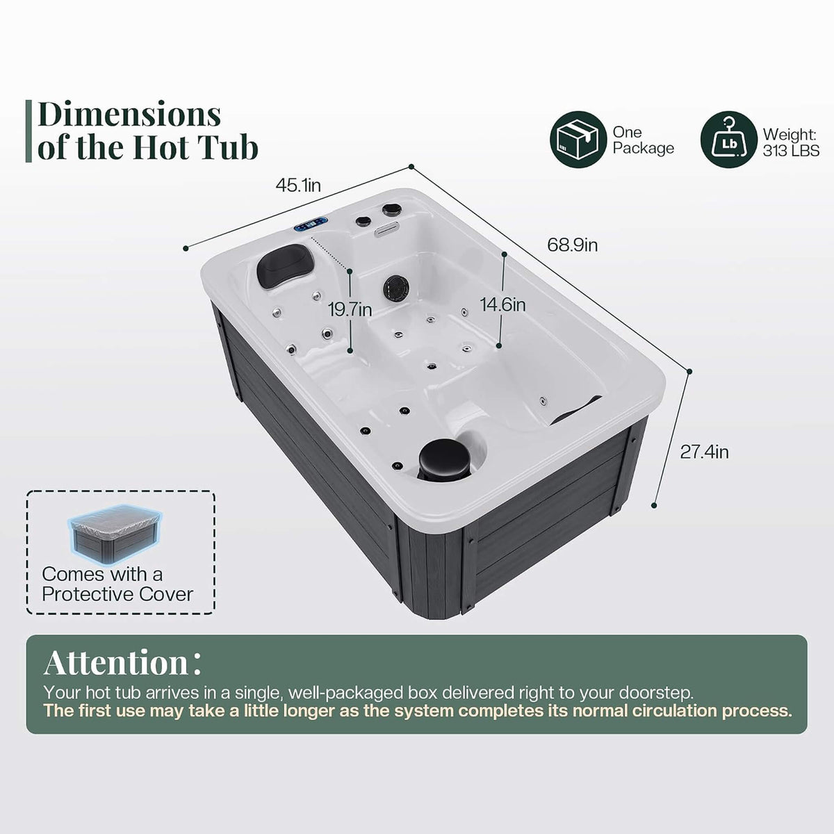 2‑Person Outdoor Plug & Play Hot Tub – 15 Jets, LED Lighting & Waterfall