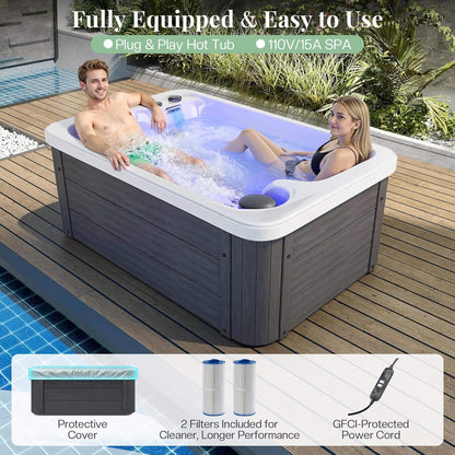 2‑Person Outdoor Plug & Play Hot Tub – 15 Jets, LED Lighting & Waterfall