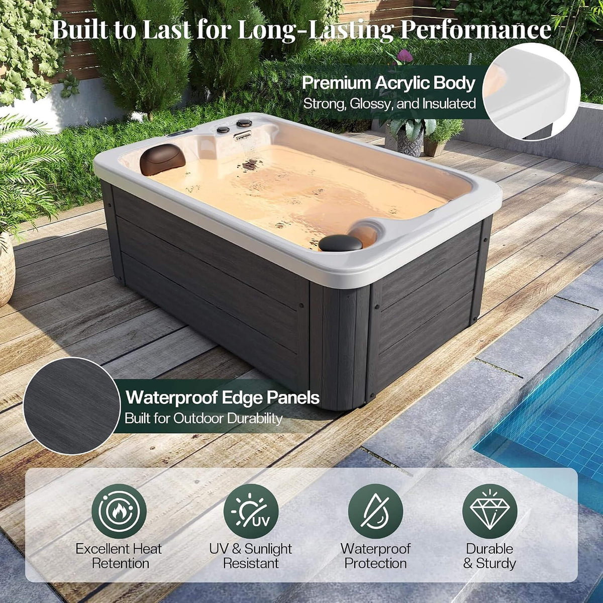 2‑Person Outdoor Plug & Play Hot Tub – 15 Jets, LED Lighting & Waterfall