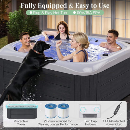 4‑Person Outdoor Plug & Play Hot Tub – 23 Jets, LED Lighting & Waterfall