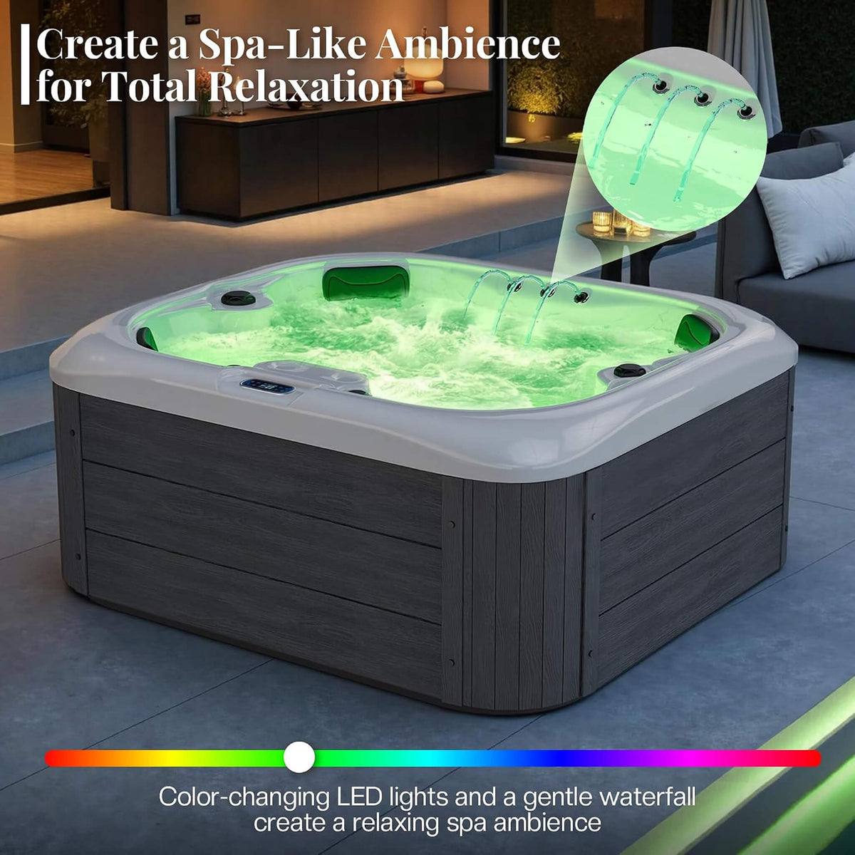 4‑Person Outdoor Plug & Play Hot Tub – 23 Jets, LED Lighting & Waterfall