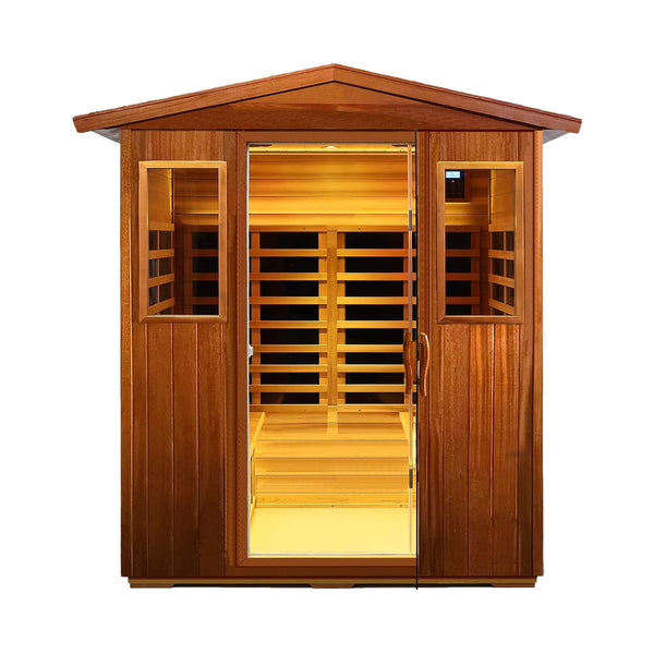 Moretti 4-Person Outdoor Mahogany Full Spectrum Ultra-Low EMF FAR Infrared Sauna With Chromotherapy And Bluetooth Speakers