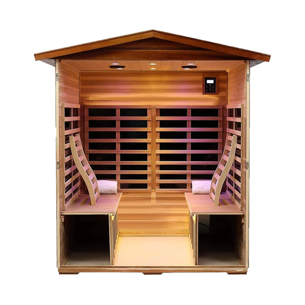 Moretti 4-Person Outdoor Mahogany Full Spectrum Ultra-Low EMF FAR Infrared Sauna With Chromotherapy And Bluetooth Speakers