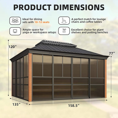 Alora Solstice All-Season Outdoor Wood Grain Sunroom With Sliding Doors And Double Top Roof