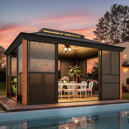 Alora Solstice All-Season Outdoor Wood Grain Sunroom With Sliding Doors And Double Top Roof