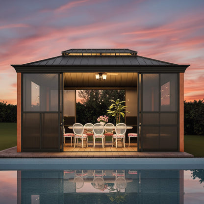 Alora Solstice All-Season Outdoor Wood Grain Sunroom With Sliding Doors And Double Top Roof