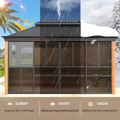 Alora Solstice All-Season Outdoor Wood Grain Sunroom With Sliding Doors And Double Top Roof