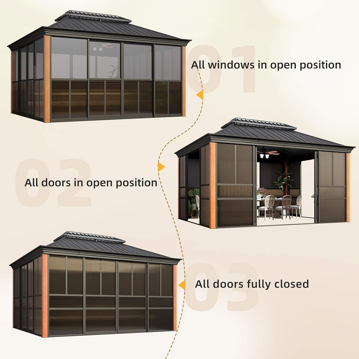 Alora Solstice All-Season Outdoor Wood Grain Sunroom With Sliding Doors And Double Top Roof