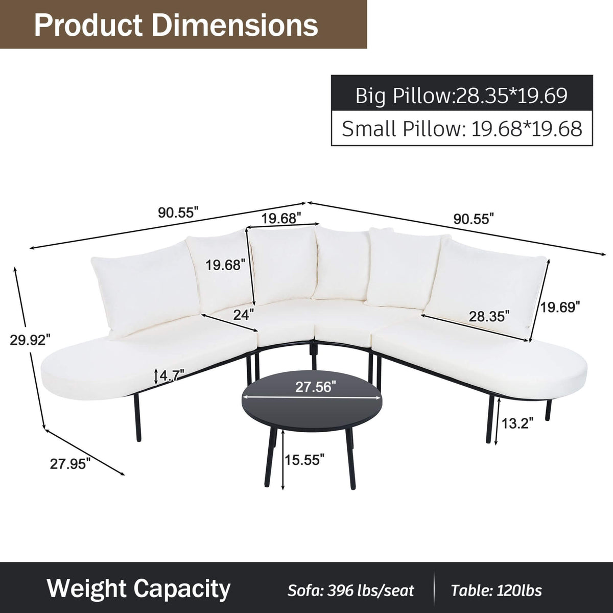 Curved 6‑Person Patio Sofa Set — 4.72" Cushions, Iron Frame & Adjustable Feet