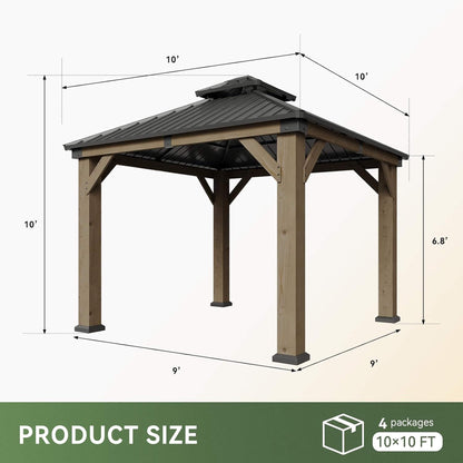 Outdoor Cedar Wood Gazebo with Galvanized Steel Hardtop Roof – Multiple Sizes