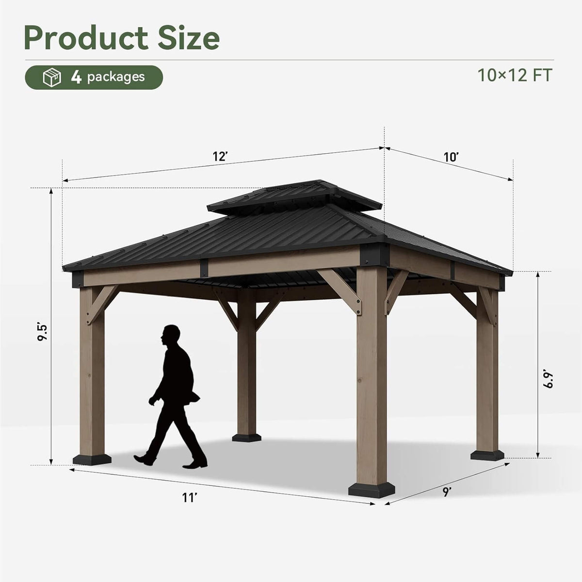 Outdoor Cedar Wood Gazebo with Galvanized Steel Hardtop Roof – Multiple Sizes