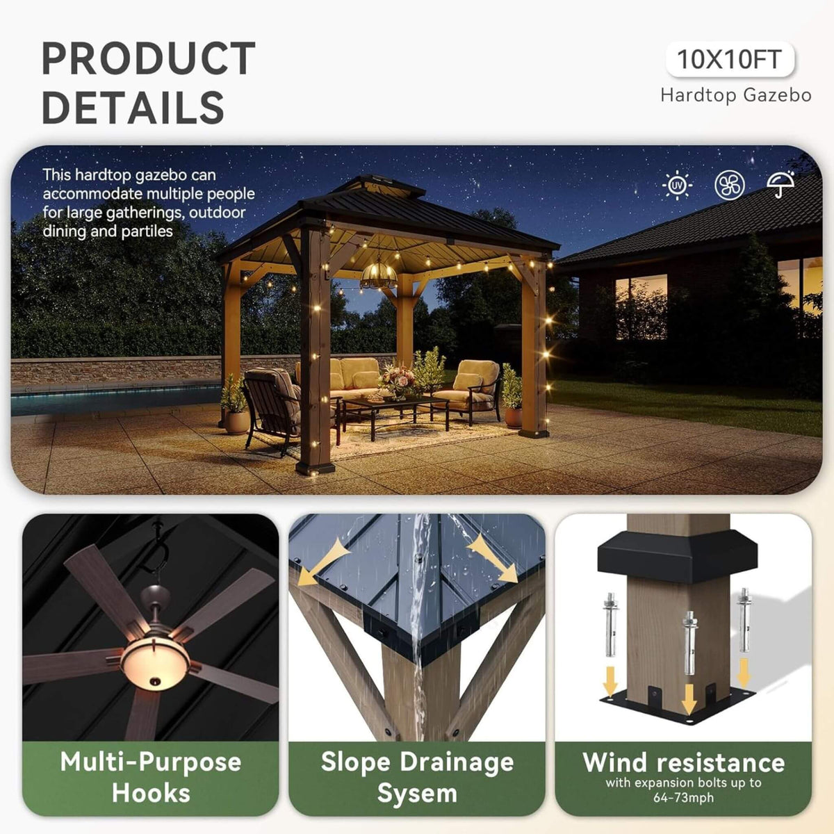 Outdoor Cedar Wood Gazebo with Galvanized Steel Hardtop Roof – Multiple Sizes