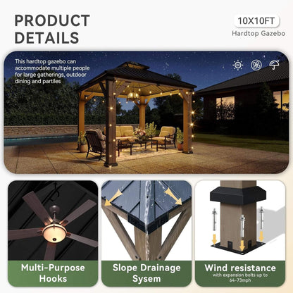 Outdoor Cedar Wood Gazebo with Galvanized Steel Hardtop Roof – Multiple Sizes
