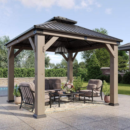 Outdoor Cedar Wood Gazebo with Galvanized Steel Hardtop Roof – Multiple Sizes