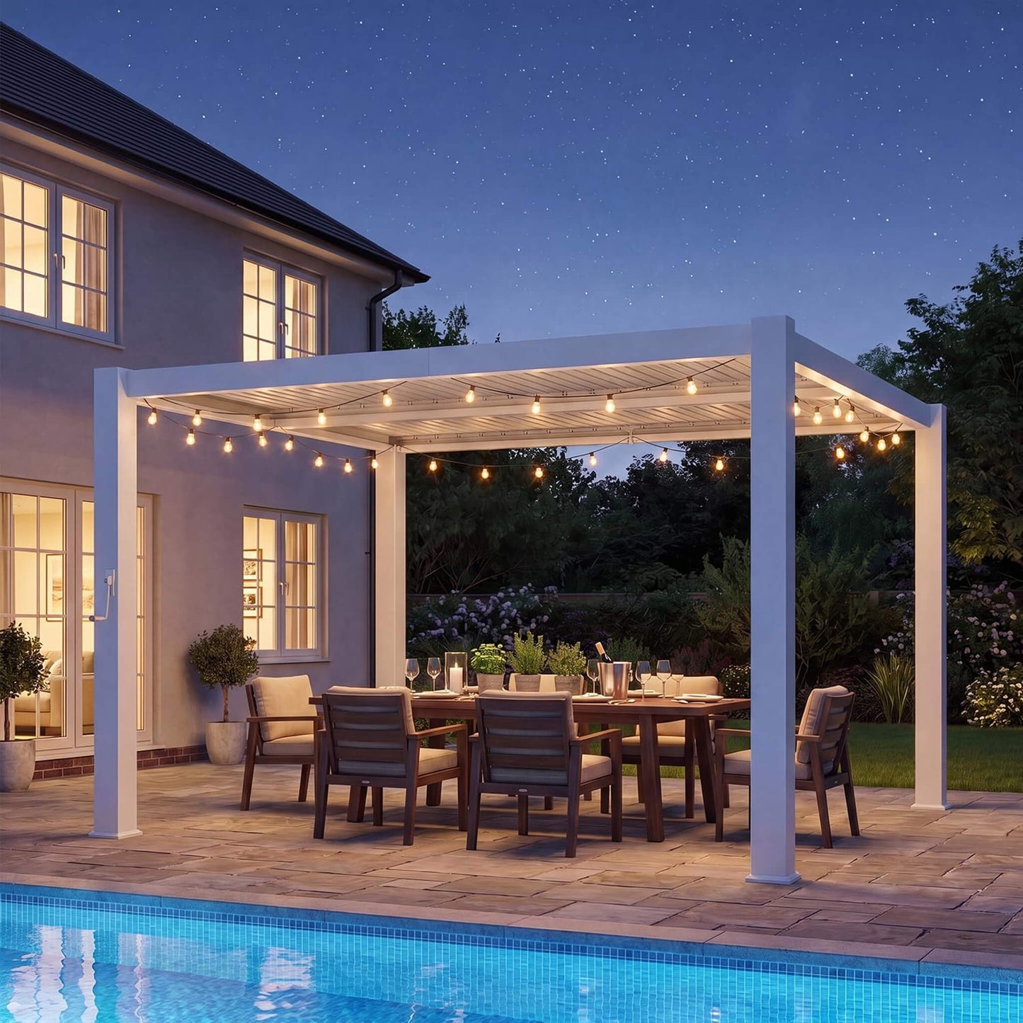 Alora Premium White Outdoor Metal Louvered Pergola With Drainage System-White