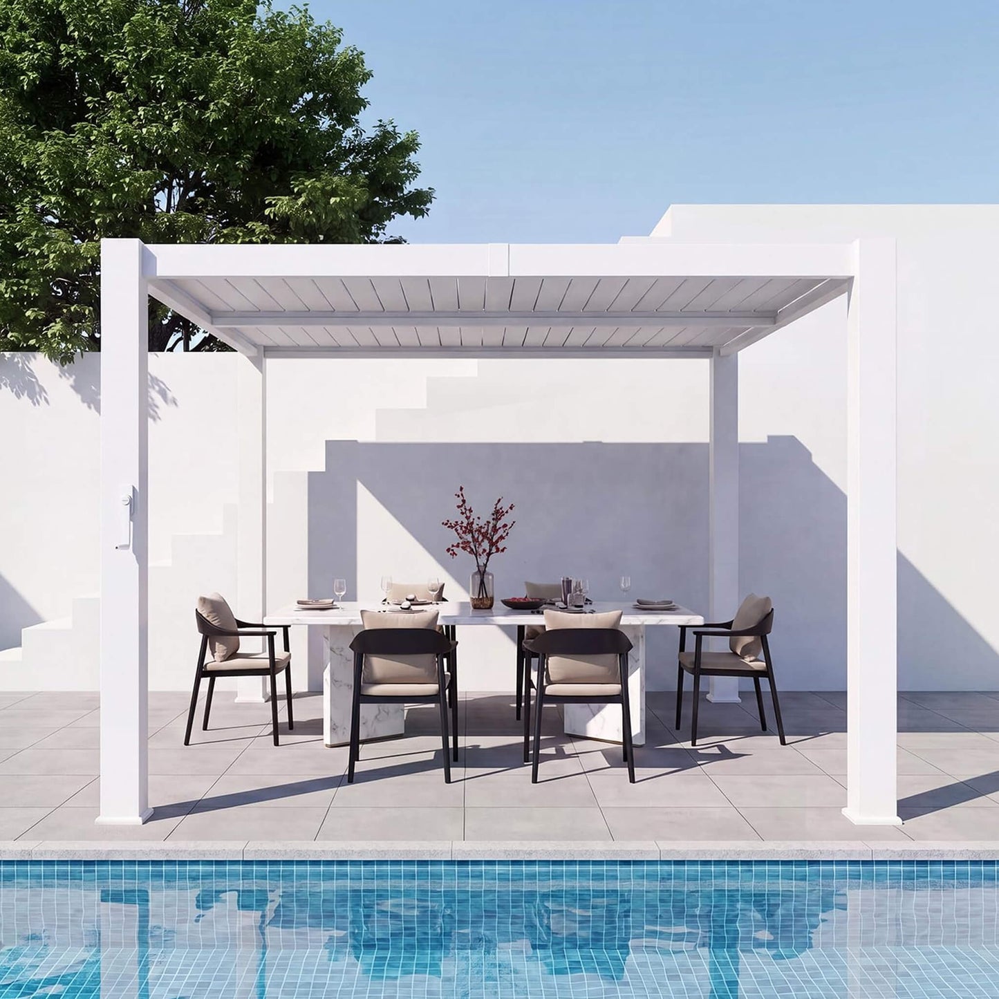 Alora Premium White Outdoor Metal Louvered Pergola With Drainage System-White