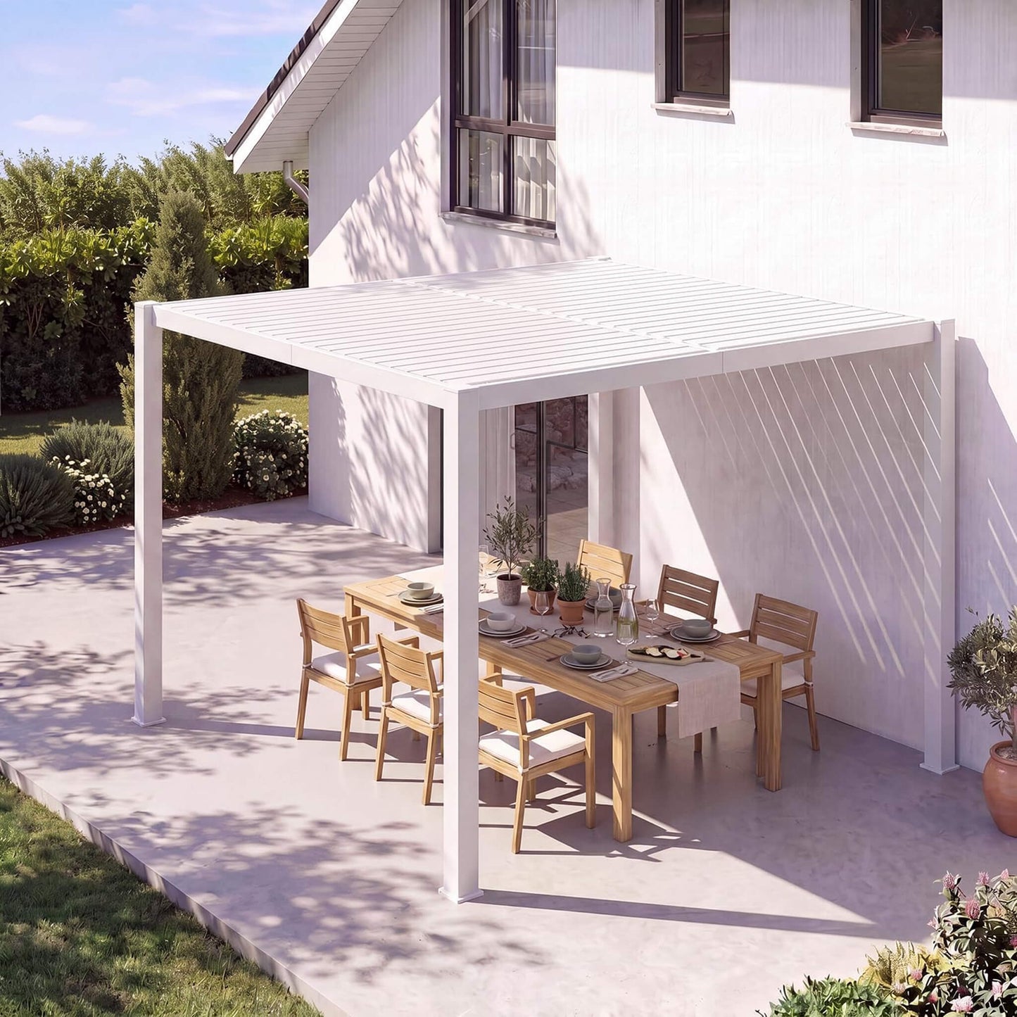Alora Premium White Outdoor Metal Louvered Pergola With Drainage System-White