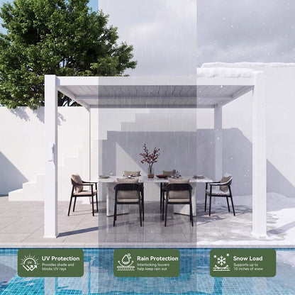 Alora Premium White Outdoor Metal Louvered Pergola With Drainage System-White