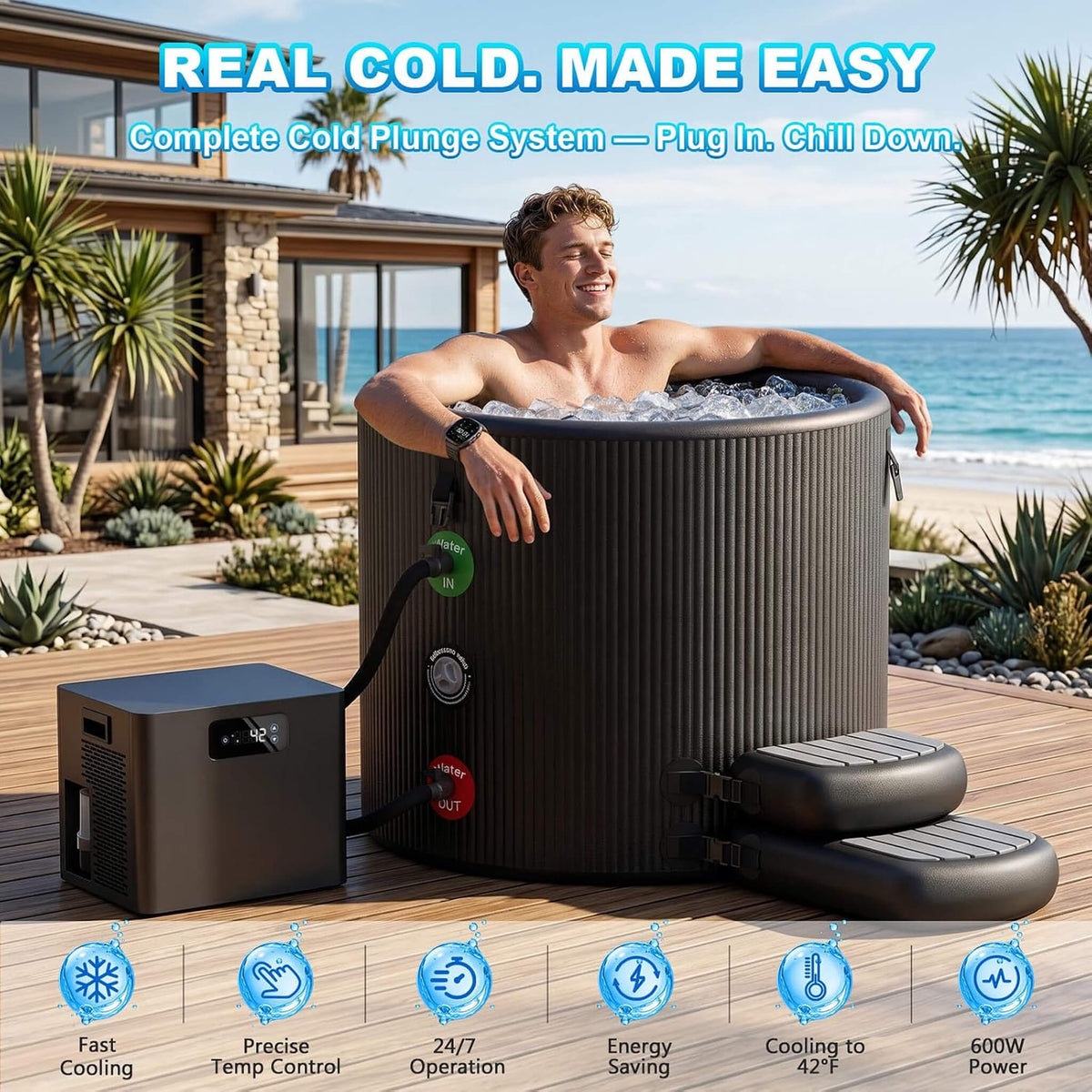 Premium XL 120 Gal Cold Plunge Tub Kit With 1/3 HP Chiller, Filter And Pump