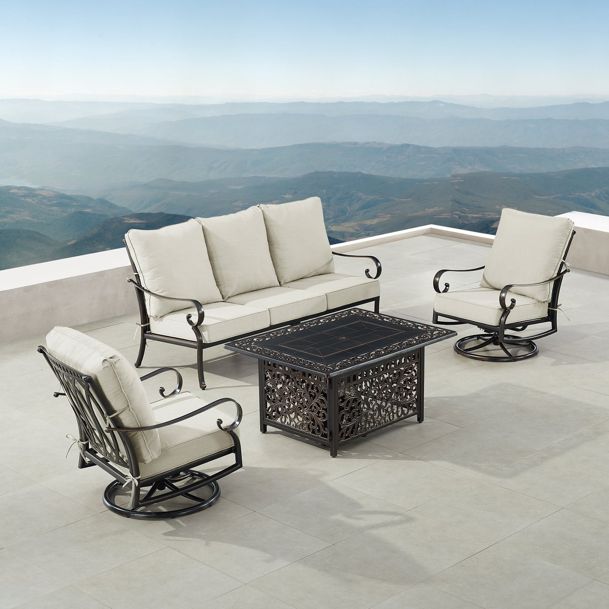 Outdoor Fire Table Set – Sofa & Swivel Rockers - Antique Copper