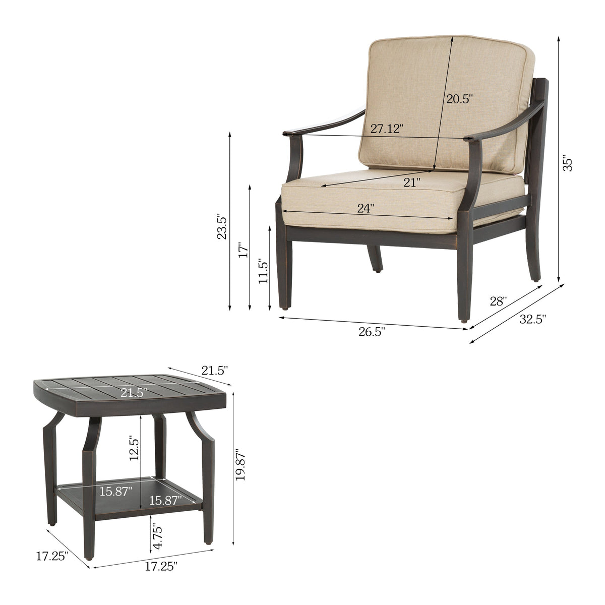 Tamarin 3 Pieces Aluminum Patio Bistro Set With Sunbrella® Cushions
