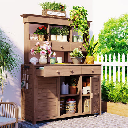 65.7" Solid Fir Wood Outdoor Potting Bench with Hutch – Garden Workstation with 6 Drawers, 2 Cabinets & Adjustable Shelves