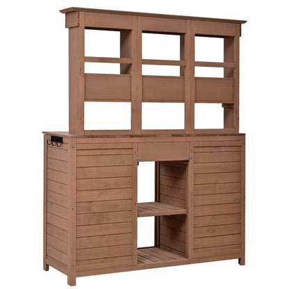 65.7" Solid Fir Wood Outdoor Potting Bench with Hutch – Garden Workstation with 6 Drawers, 2 Cabinets & Adjustable Shelves
