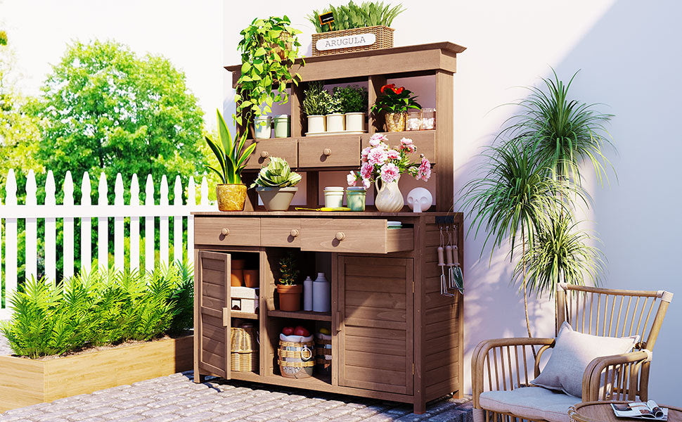 65.7" Solid Fir Wood Outdoor Potting Bench with Hutch – Garden Workstation with 6 Drawers, 2 Cabinets & Adjustable Shelves