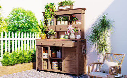 65.7" Solid Fir Wood Outdoor Potting Bench with Hutch – Garden Workstation with 6 Drawers, 2 Cabinets & Adjustable Shelves