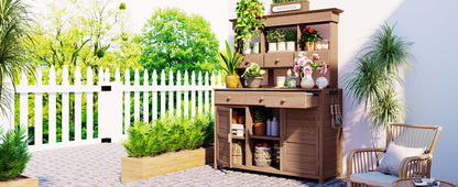65.7" Solid Fir Wood Outdoor Potting Bench with Hutch – Garden Workstation with 6 Drawers, 2 Cabinets & Adjustable Shelves