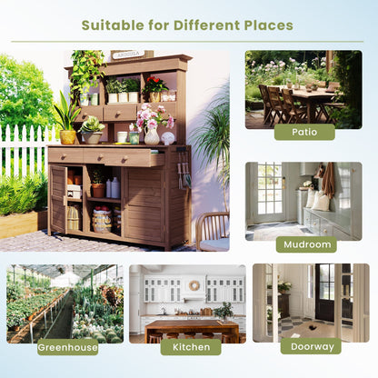 65.7" Solid Fir Wood Outdoor Potting Bench with Hutch – Garden Workstation with 6 Drawers, 2 Cabinets & Adjustable Shelves