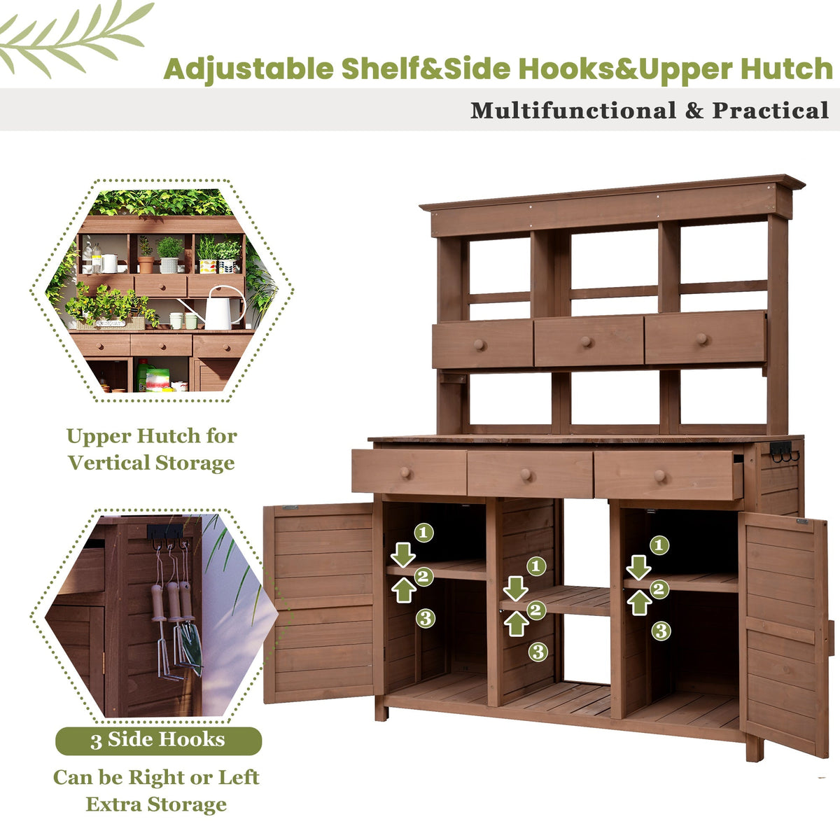 65.7" Solid Fir Wood Outdoor Potting Bench with Hutch – Garden Workstation with 6 Drawers, 2 Cabinets & Adjustable Shelves