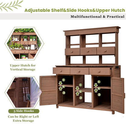 65.7" Solid Fir Wood Outdoor Potting Bench with Hutch – Garden Workstation with 6 Drawers, 2 Cabinets & Adjustable Shelves