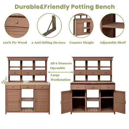 65.7" Solid Fir Wood Outdoor Potting Bench with Hutch – Garden Workstation with 6 Drawers, 2 Cabinets & Adjustable Shelves