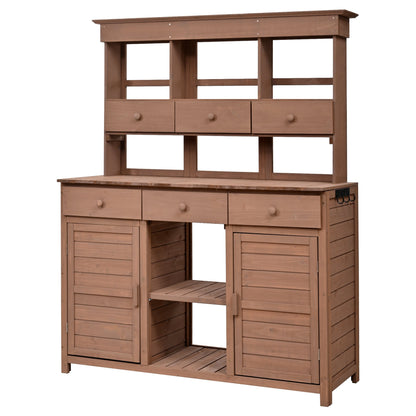 65.7" Solid Fir Wood Outdoor Potting Bench with Hutch – Garden Workstation with 6 Drawers, 2 Cabinets & Adjustable Shelves