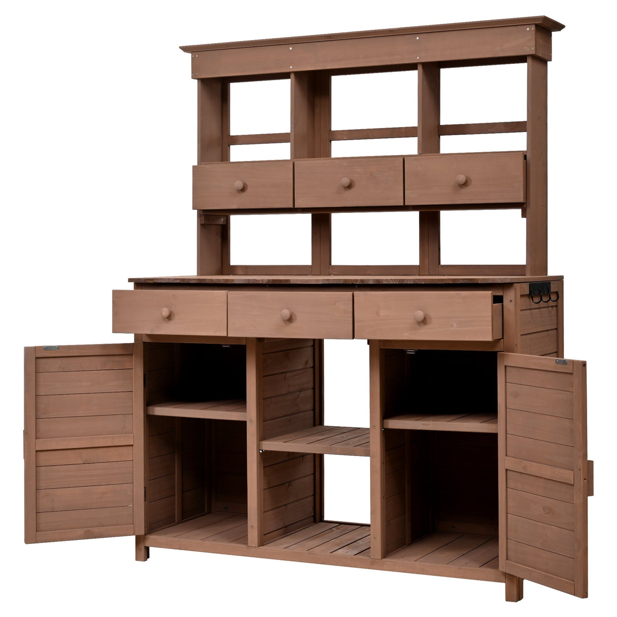 65.7" Solid Fir Wood Outdoor Potting Bench with Hutch – Garden Workstation with 6 Drawers, 2 Cabinets & Adjustable Shelves