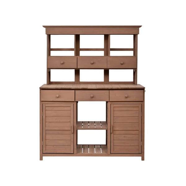 65.7" Solid Fir Wood Outdoor Potting Bench with Hutch – Garden Workstation with 6 Drawers, 2 Cabinets & Adjustable Shelves