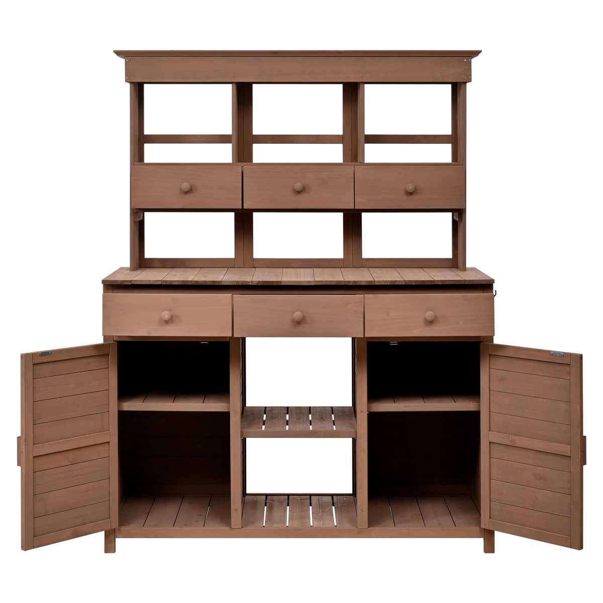 65.7" Solid Fir Wood Outdoor Potting Bench with Hutch – Garden Workstation with 6 Drawers, 2 Cabinets & Adjustable Shelves