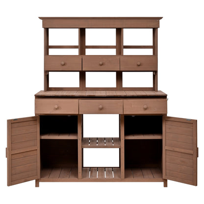 65.7" Solid Fir Wood Outdoor Potting Bench with Hutch – Garden Workstation with 6 Drawers, 2 Cabinets & Adjustable Shelves