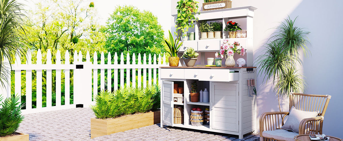 65.7" Tall Garden Potting Bench Table with Hutch - Fir Wood