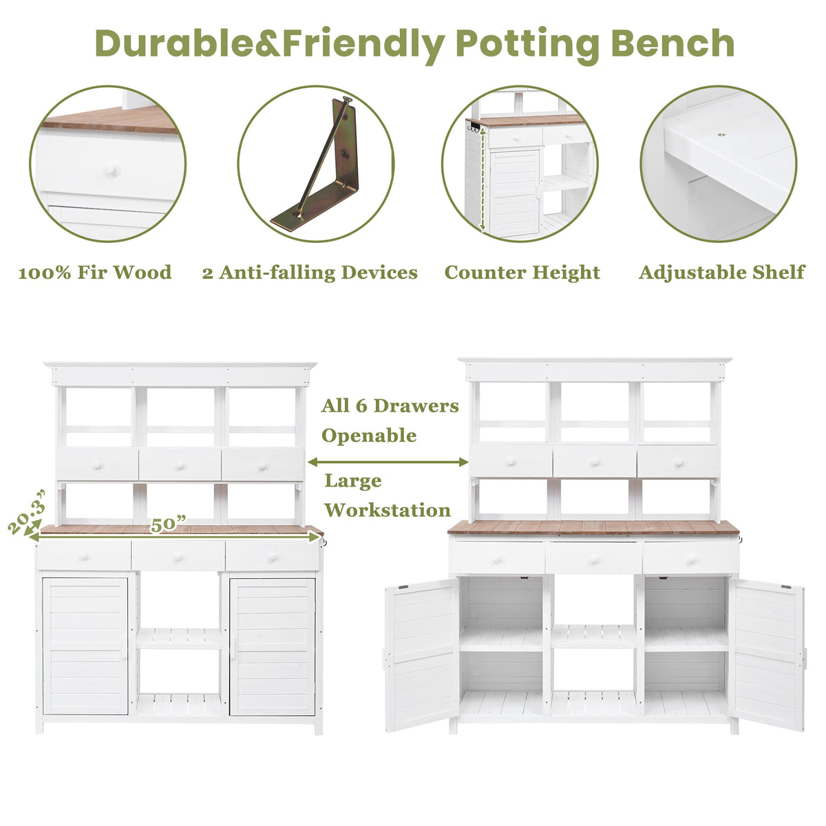 65.7" Tall Garden Potting Bench Table with Hutch - Fir Wood
