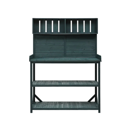 65" Farmhouse Wooden Garden Potting Bench – Forest Green Fir Wood with 4 Storage Shelves & Side Hook