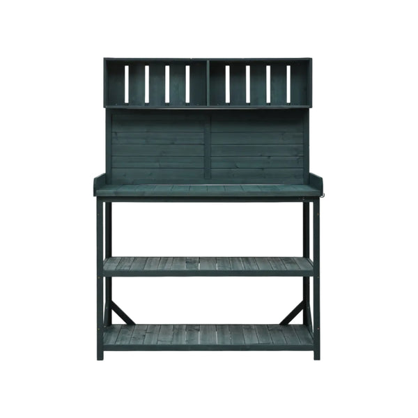 65" Farmhouse Wooden Garden Potting Bench – Forest Green Fir Wood with 4 Storage Shelves & Side Hook