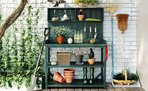 65" Farmhouse Wooden Garden Potting Bench – Forest Green Fir Wood with 4 Storage Shelves & Side Hook